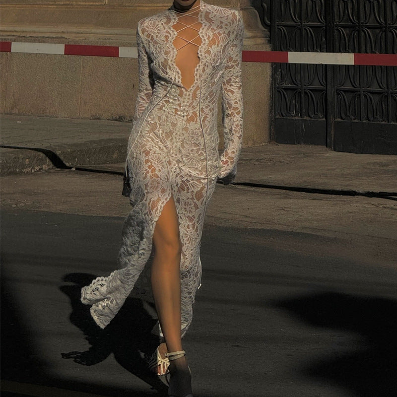 Lace Stitching Fashion Street Slit Long Sleeve Dress