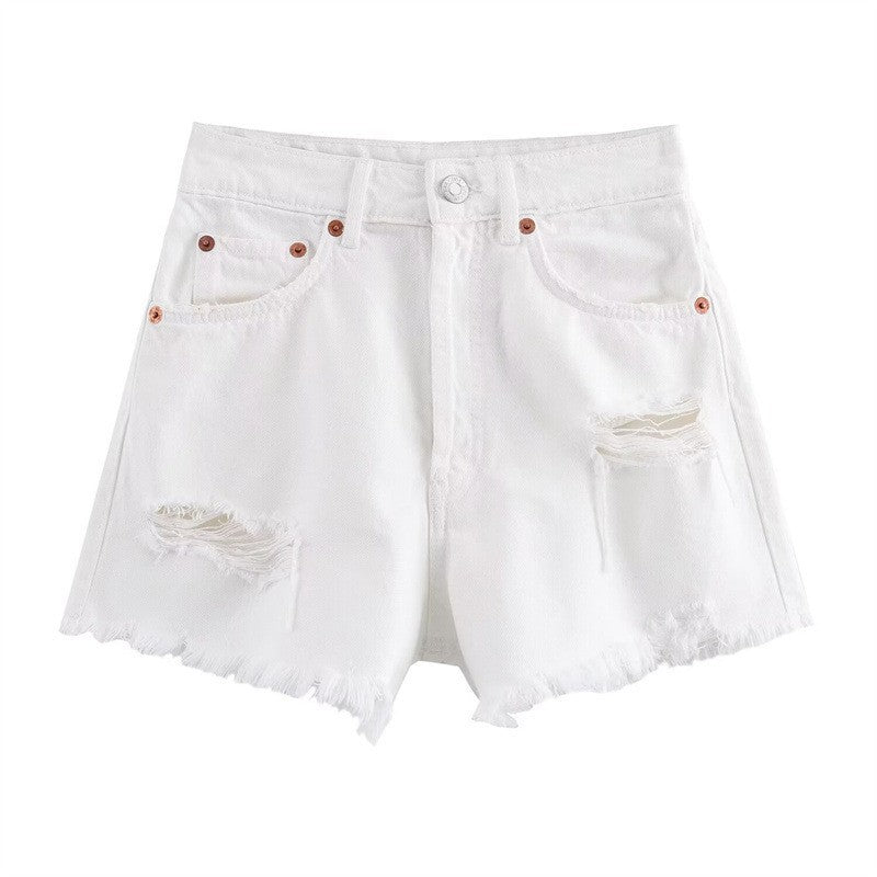 Perforated Hole Decoration High Waist Denim Shorts