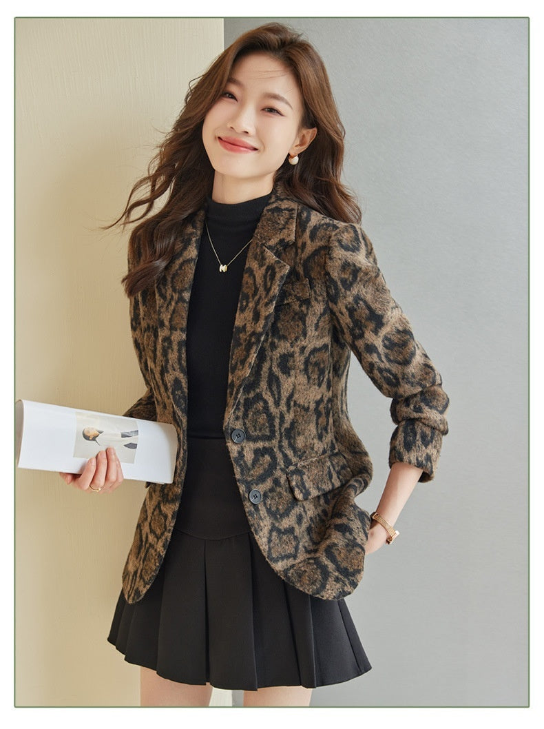 Business Suit Leopard Print Woolen Versatile Retro Coat