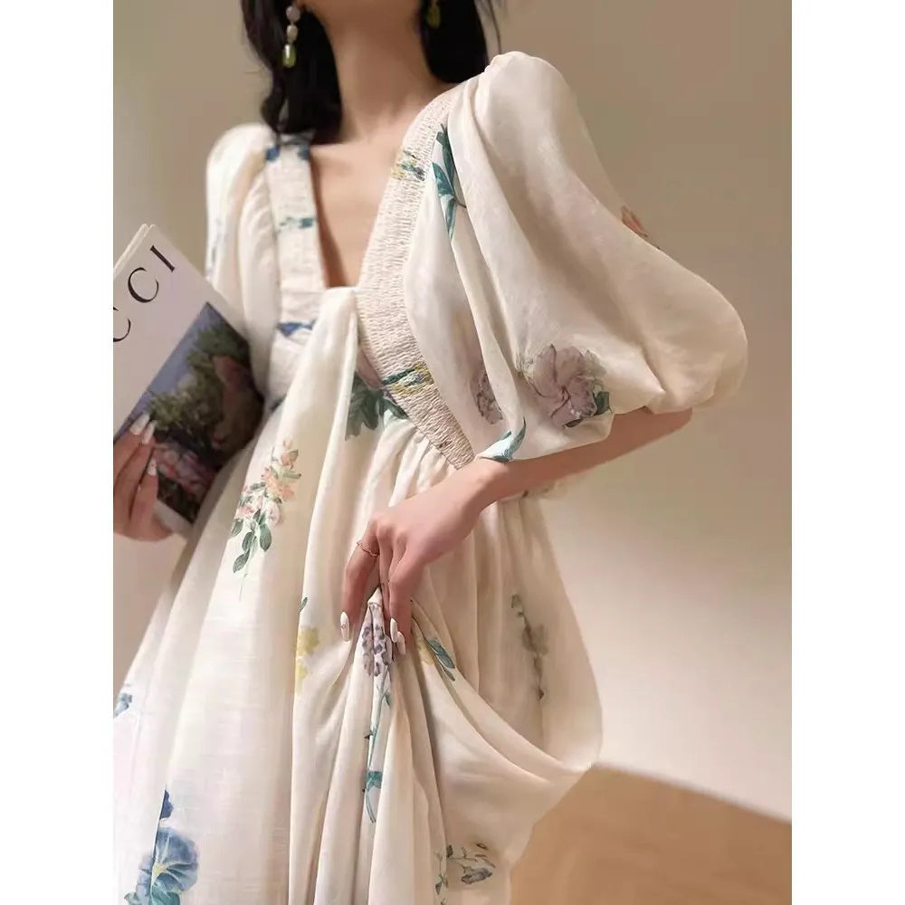 New French High-end Retro Printed Vacation Style Dress