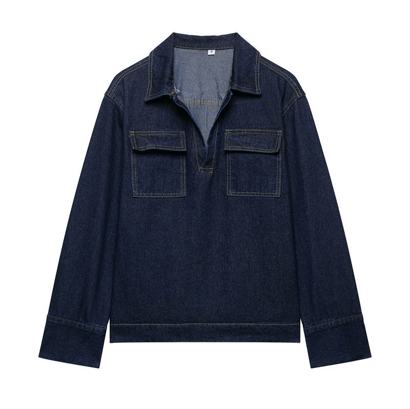 Fashion Loose Blue Denim 2-piece Set Vintage Long Sleeve Shirt Trousers