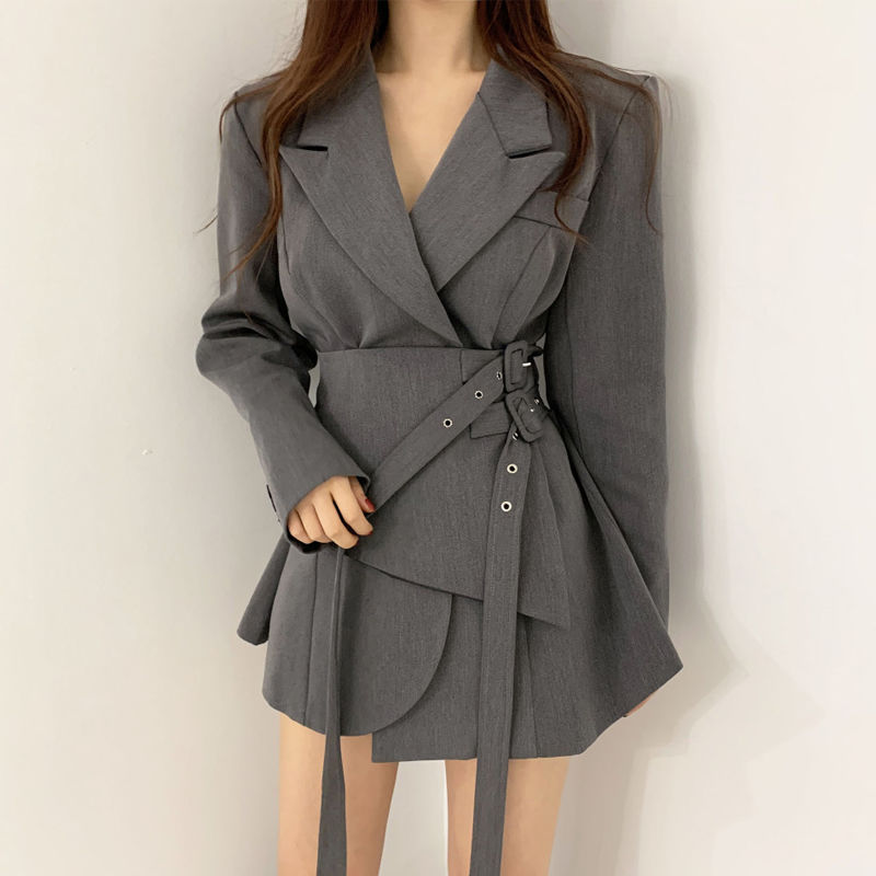 New Adjustable Double Belt Coat Female Slimming False Two-piece Skirt Suit