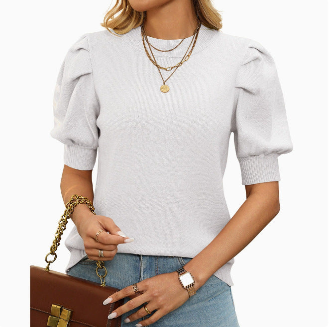 Half Turtleneck Lantern Sleeve Sweater Short Sleeve Pleated Sweater