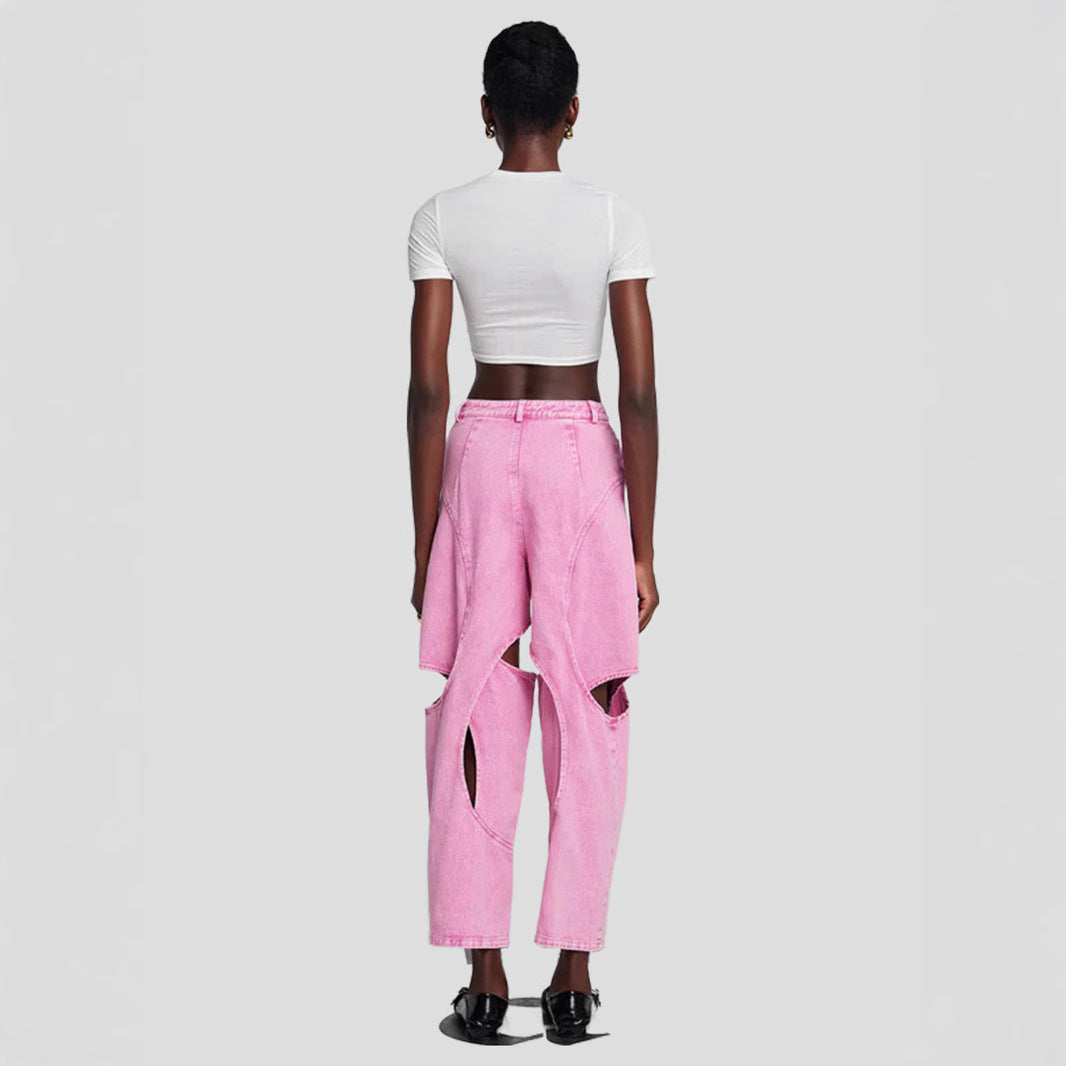 Women's American-style High Street Stitching Hole Worn Jeans