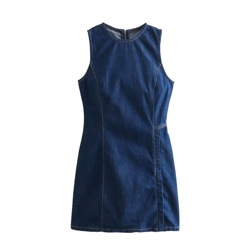 French Fashion Round Neck Slim Fit Denim Sleeveless Dress