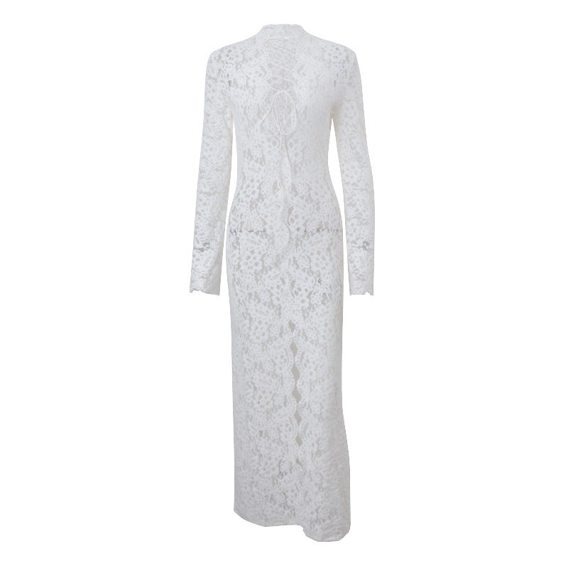 Lace Stitching Fashion Street Slit Long Sleeve Dress