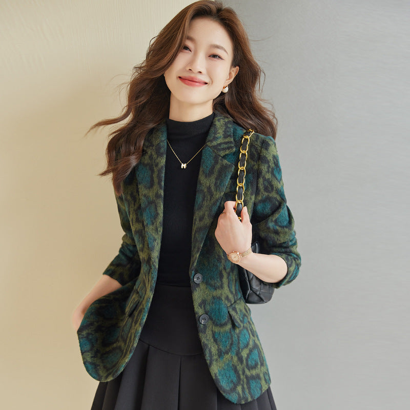 Business Suit Leopard Print Woolen Versatile Retro Coat