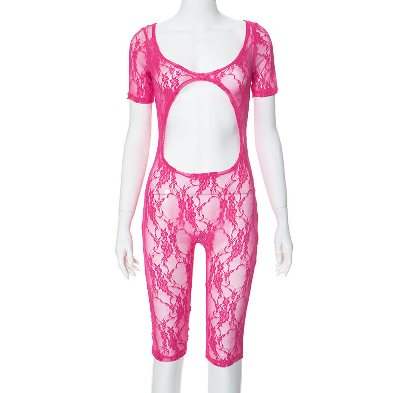 Women's Sexy Lace Stitching U-neck Short-sleeved Cropped Hollow Siamese Shorts