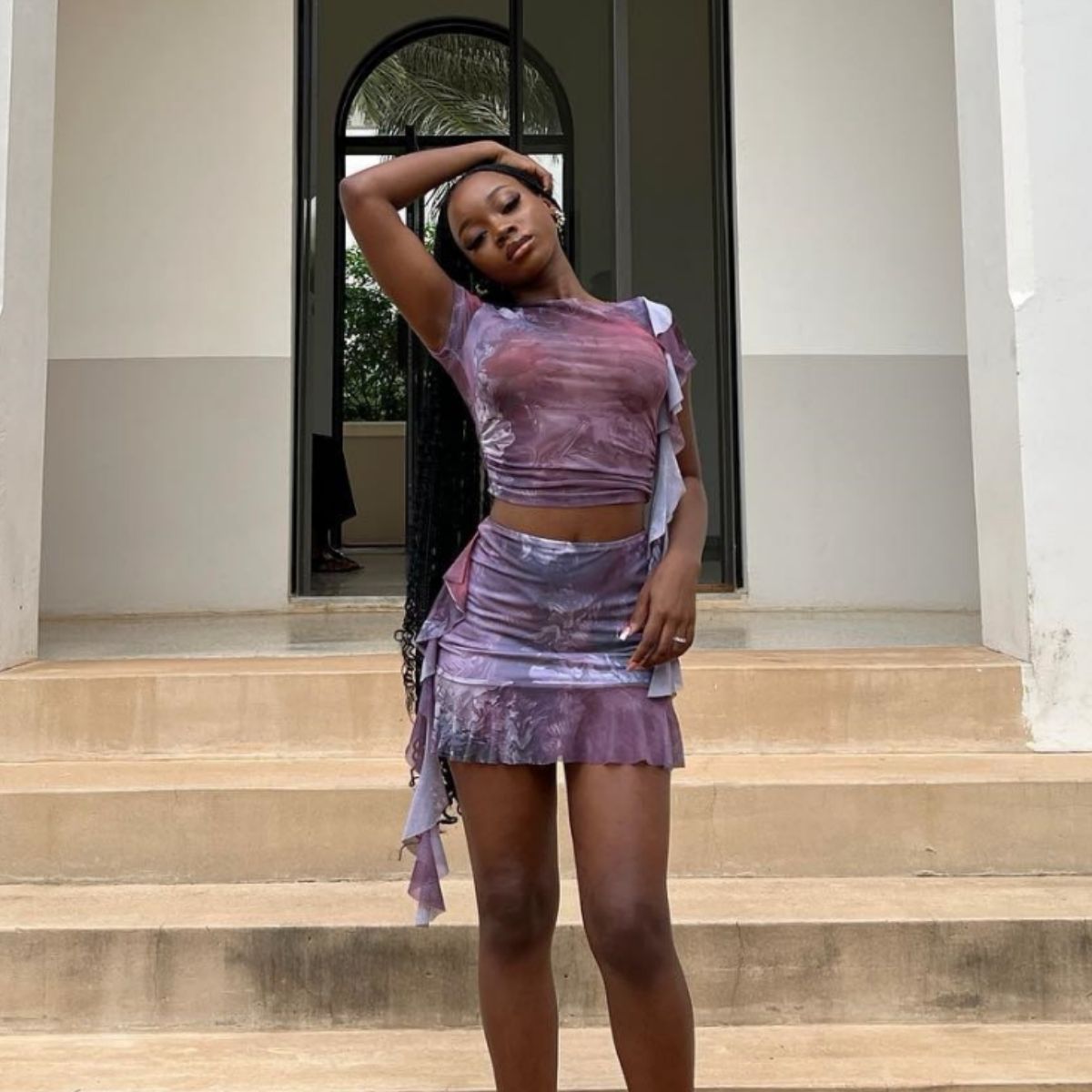 Mesh Floral Print Tight Skirt Ruffled Short Top Midi Skirt