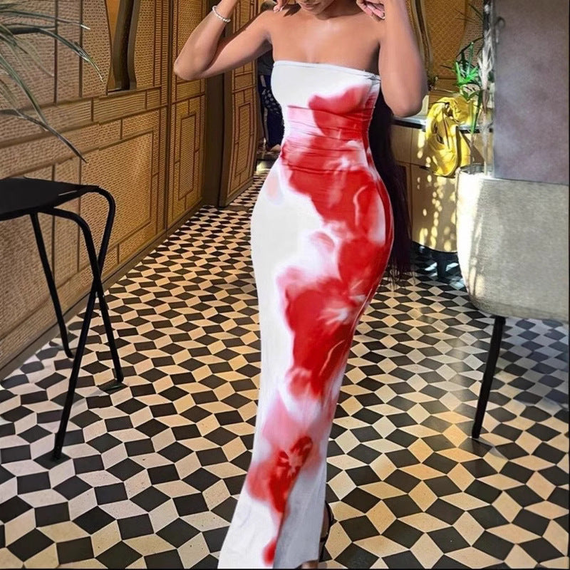 Contrast Color Floral Sexy Tube Top Dress