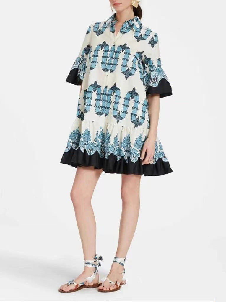 Women's Wear Bell Sleeve Printed Loose Casual Dress