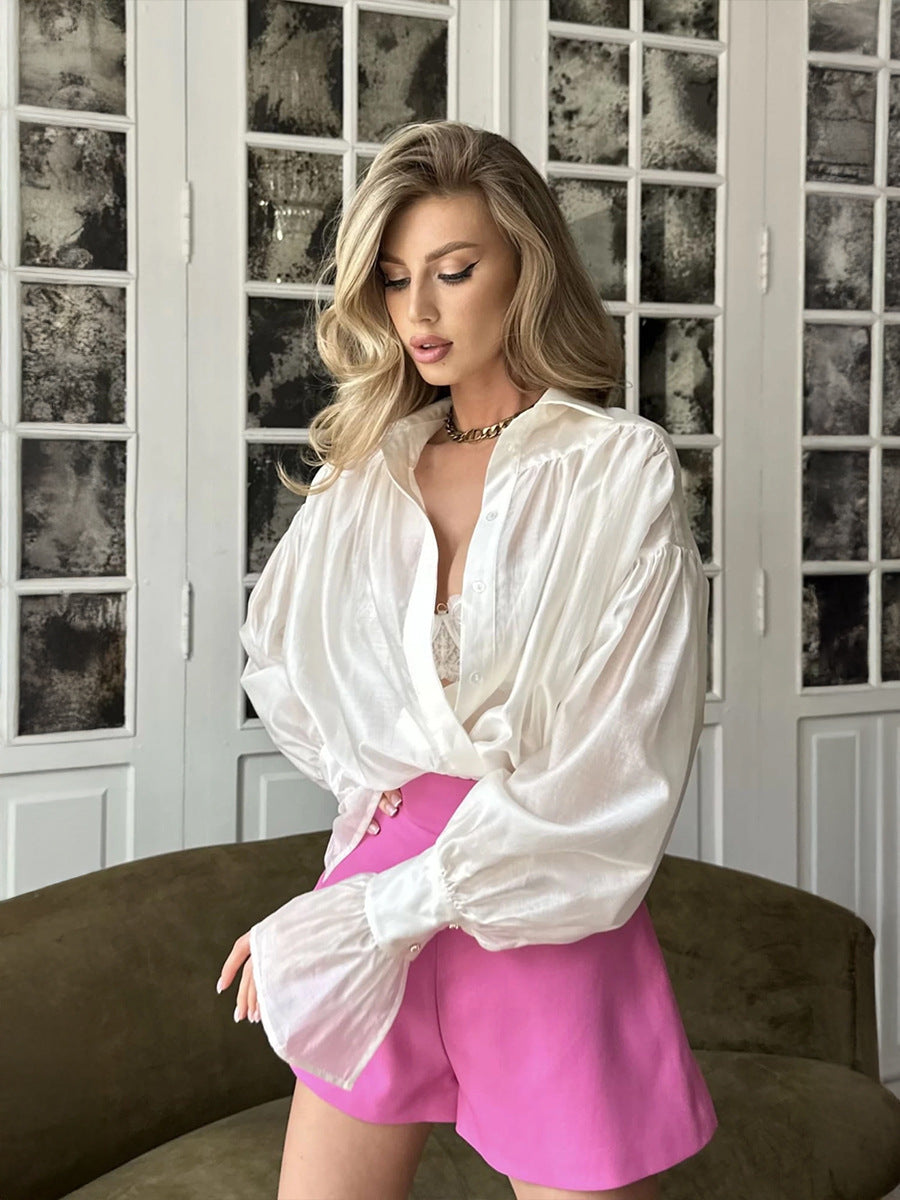 Ins French Lantern Sleeve Shirt Fashion Button Lapel Long Sleeved Tops Casual Women's Clothing