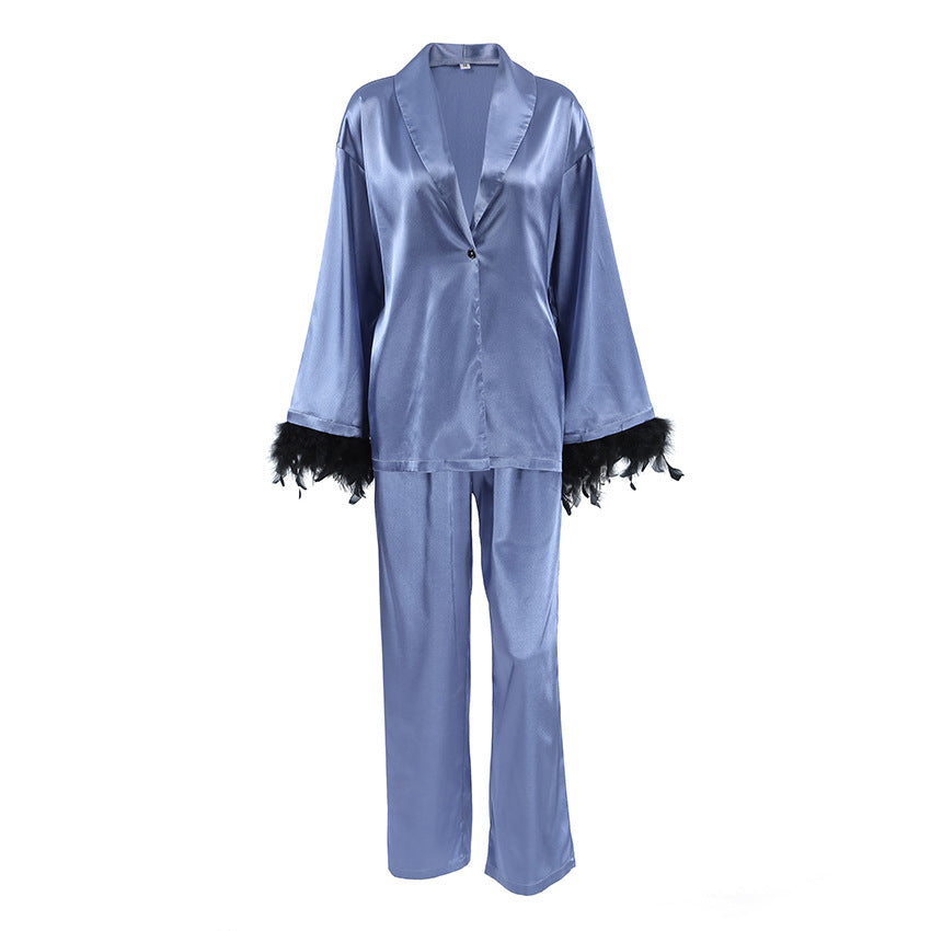 Satin Pajamas Long Sleeve Feather Cardigan Two-piece Set