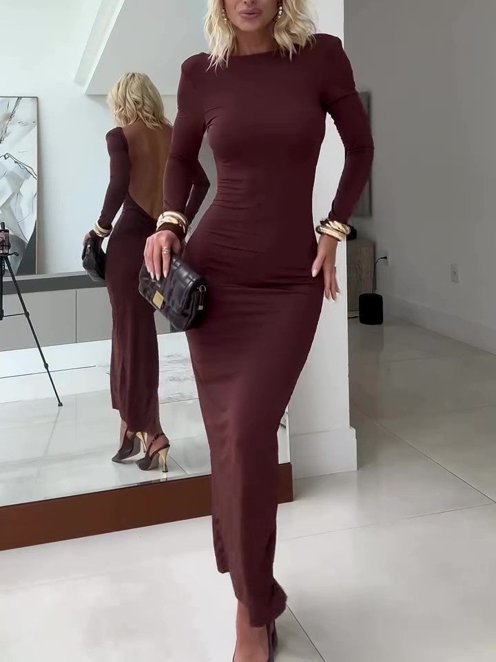 Brown Backless Long Sleeve Maxi Dress