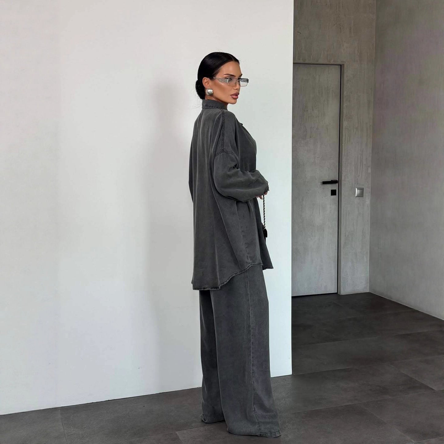 Women's Denim Long Sleeve Button Wide Leg Suit