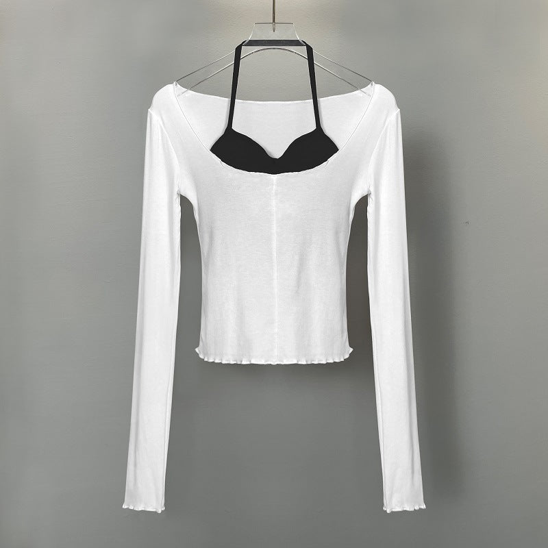 Dongdaemun Figure Halterneck Vest And Slightly Transparent Big Collar Long Sleeve T-shirt Two-piece Set