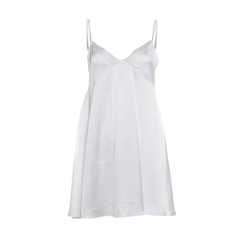 High Class Elegant V-neck Backless Solid Color Sling Dress