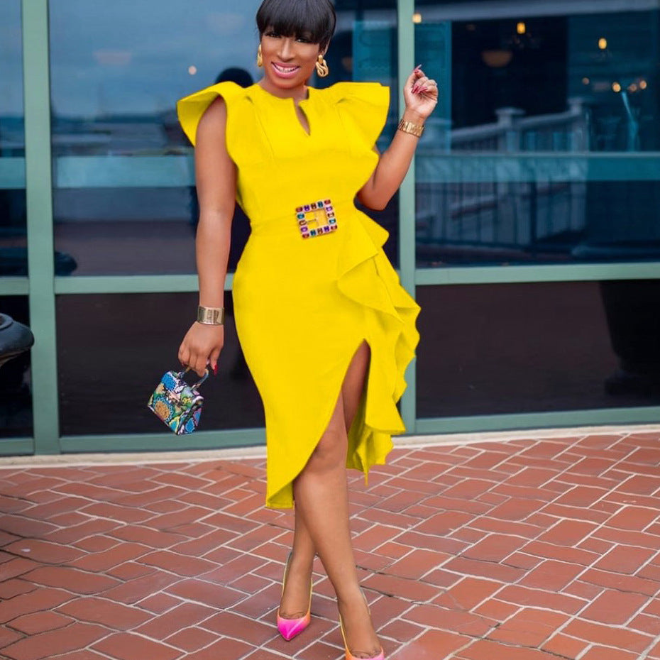 Solid Color Plus Size Slit Irregular Banquet European And American Dress Skirt