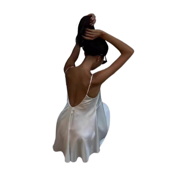 High Class Elegant V-neck Backless Solid Color Sling Dress