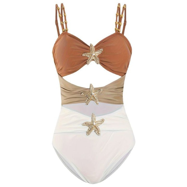 Fashion Stitching Metal Buckle One-piece Swimsuit