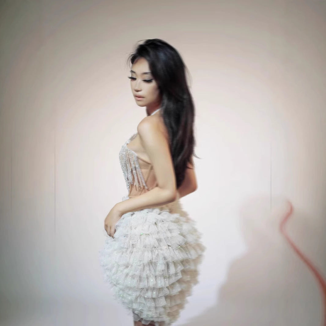 Top Skirt Shiny White Suit Tassel Backless Party Dress