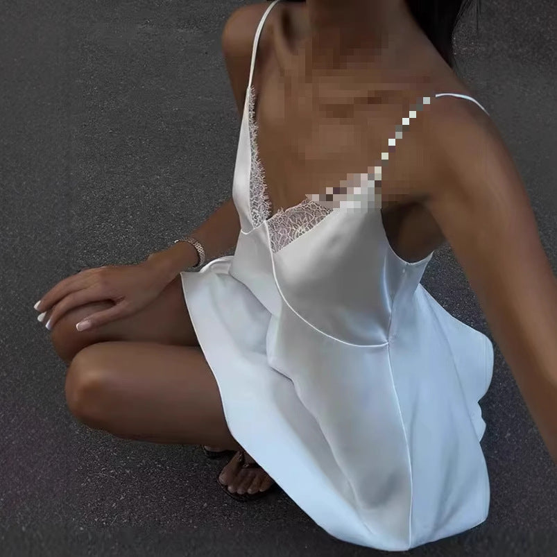 High Class Elegant V-neck Backless Solid Color Sling Dress