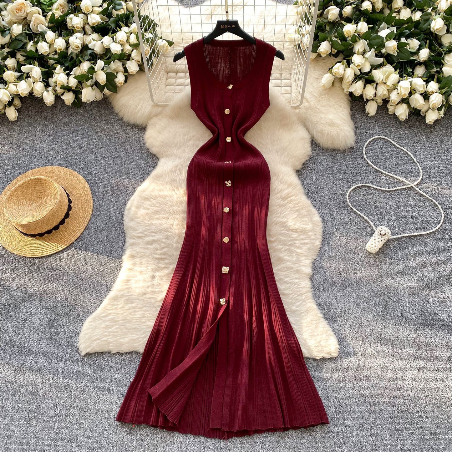 High-grade Round Neck Sleeveless Knitted Dress Women's Slim Fit