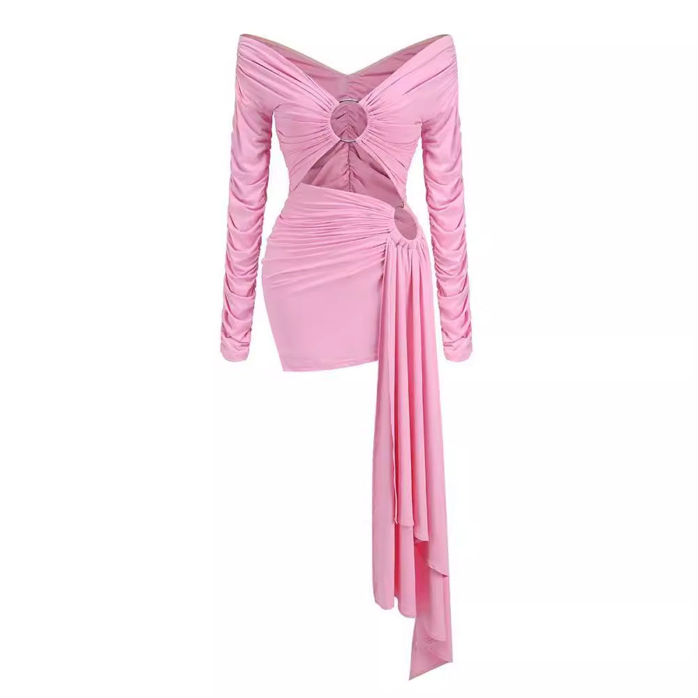Sexy Off-neck Women's Clothing Solid Color Dress