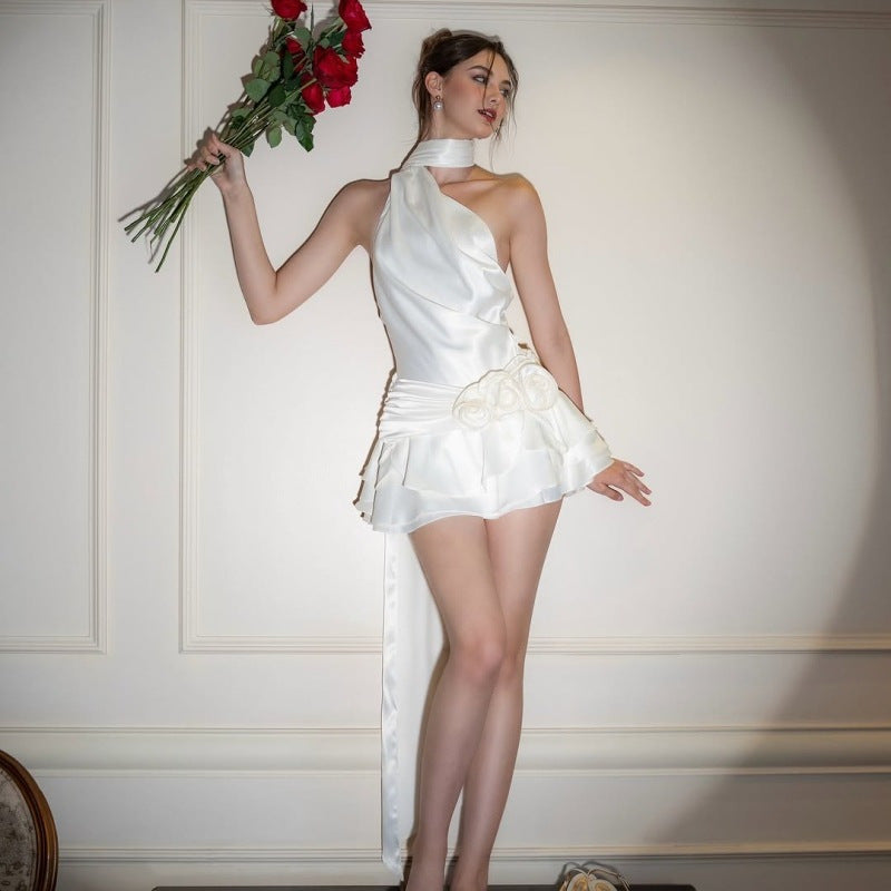 Women's Spring Sexy French Style Temperament High-grade Off-shoulder Satin Backless Dress