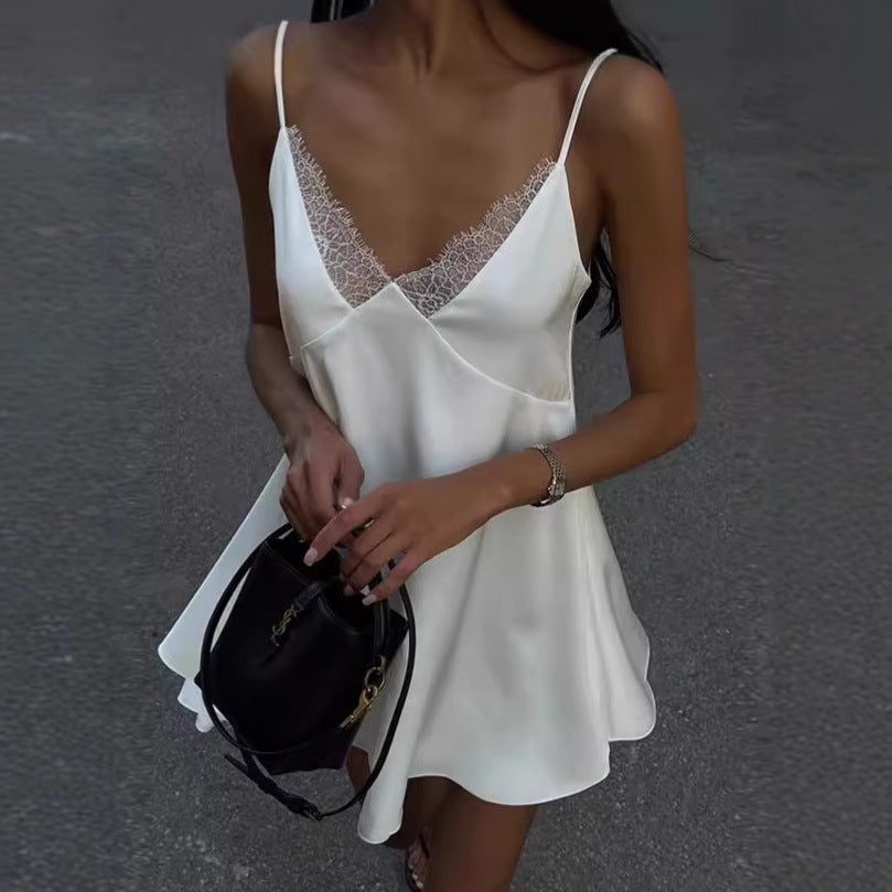 High Class Elegant V-neck Backless Solid Color Sling Dress