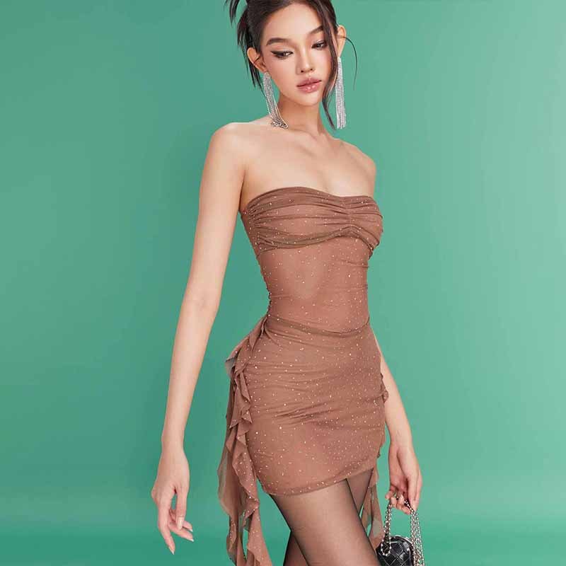 Starry Hot Rhinestone Tube Top Ribbon Mesh See-through Dress Women