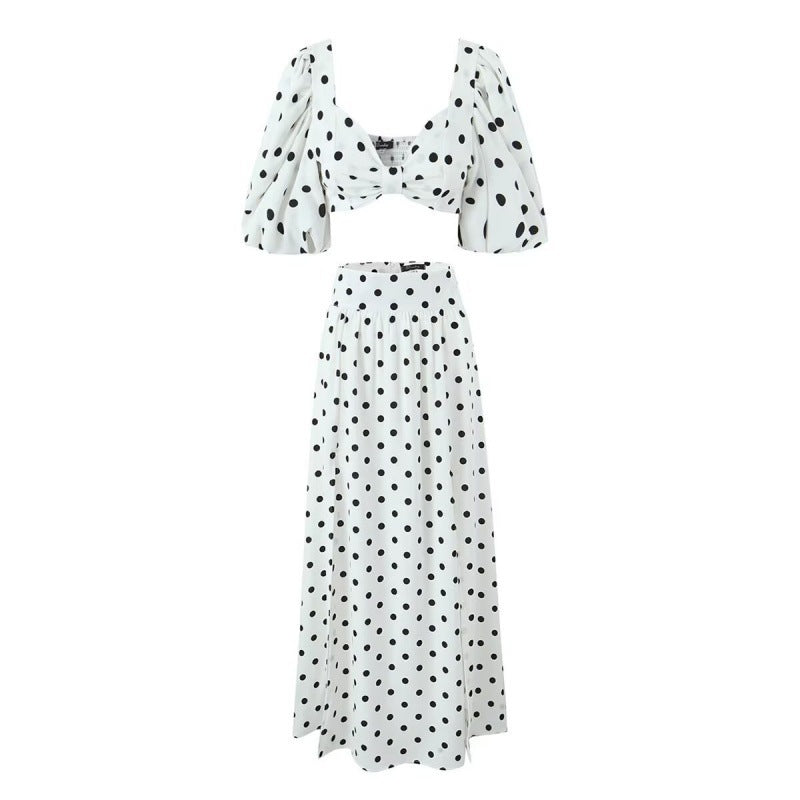Seaside Vacation Sexy Polka Dot Split Top Mid-length Dress Set