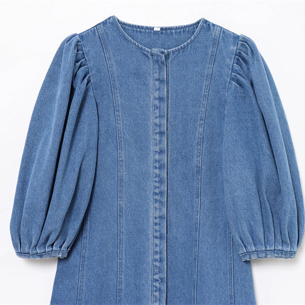 European And American Style Female Temperament Fashion Round Neck Short Sleeves Denim Midi Skirt Dress