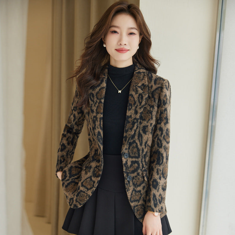 Business Suit Leopard Print Woolen Versatile Retro Coat