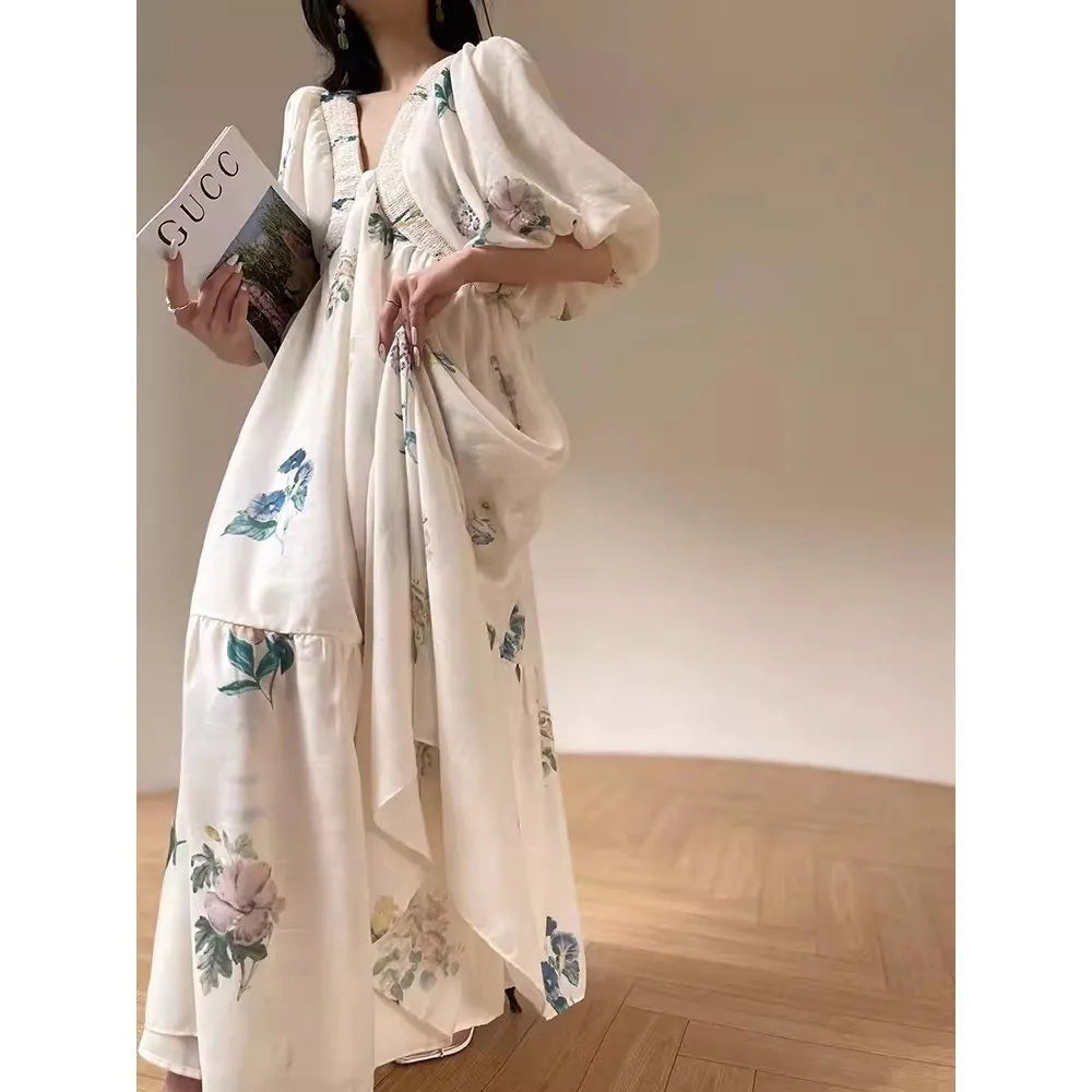 New French High-end Retro Printed Vacation Style Dress