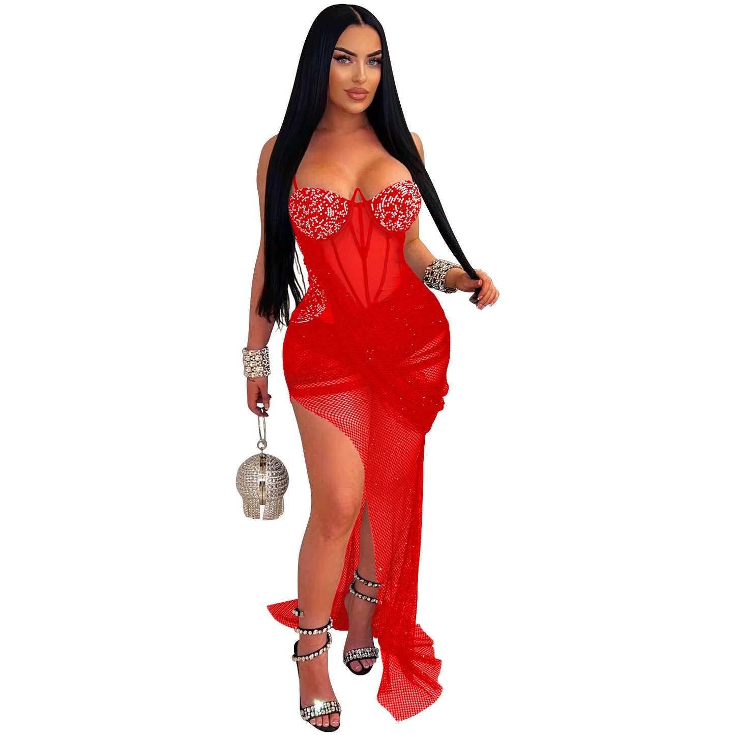 Women's Wear Sexy Mesh Rhinestone Sling Dress