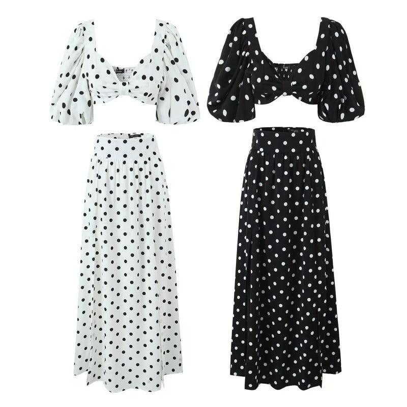 Seaside Vacation Sexy Polka Dot Split Top Mid-length Dress Set