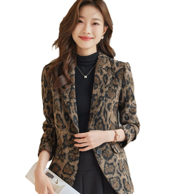 Business Suit Leopard Print Woolen Versatile Retro Coat
