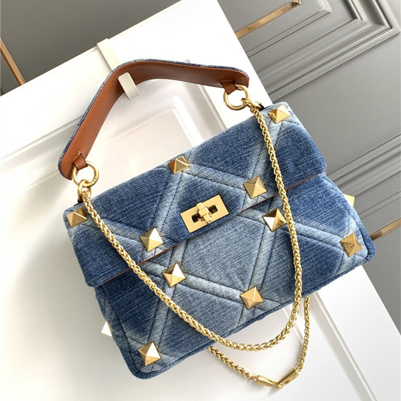 Denim With Cowhide Bag Large Rivet