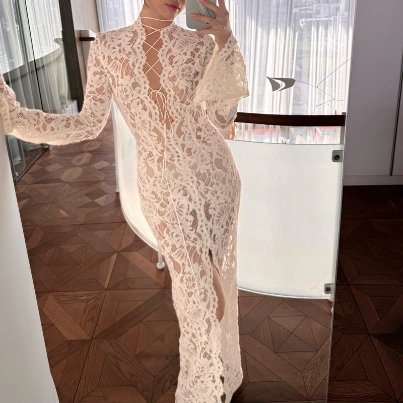 Lace Stitching Fashion Street Slit Long Sleeve Dress