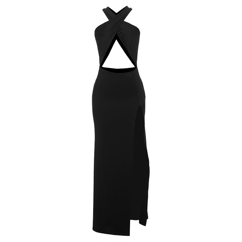 Solid Color Sexy Backless Halter Hollow Design Split Dress