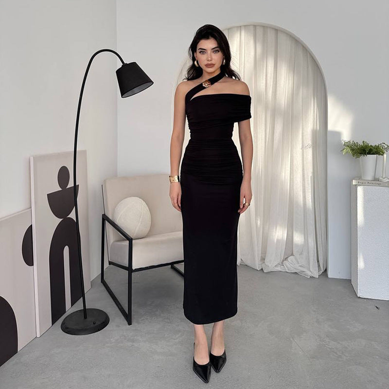 Slant Shoulder Waist Dress Women's Slim-fit Halter Women