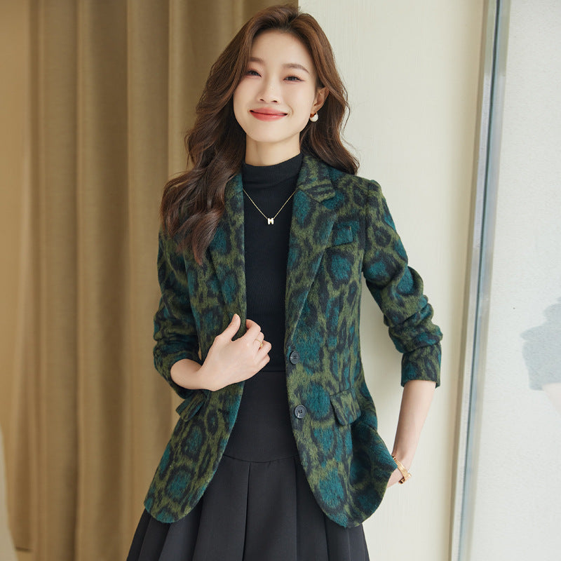 Business Suit Leopard Print Woolen Versatile Retro Coat