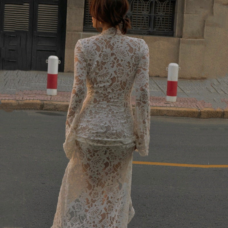 Lace Stitching Fashion Street Slit Long Sleeve Dress