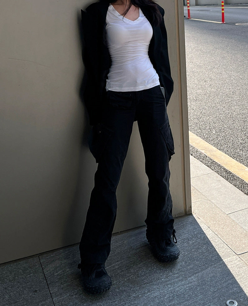 V-neck Shoulder Short Sleeve Waist-controlled Slimming Solid Color Top