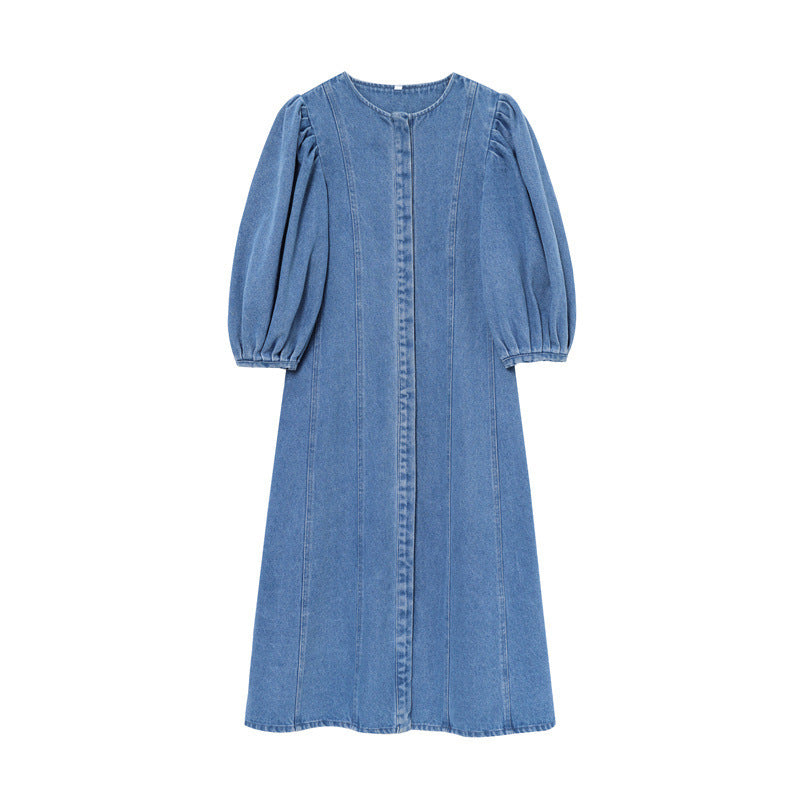 European And American Style Female Temperament Fashion Round Neck Short Sleeves Denim Midi Skirt Dress