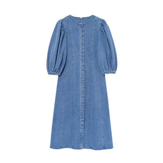 European And American Style Female Temperament Fashion Round Neck Short Sleeves Denim Midi Skirt Dress
