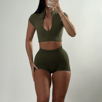 Sports Zipper Short-sleeved Shorts Two-piece Suit