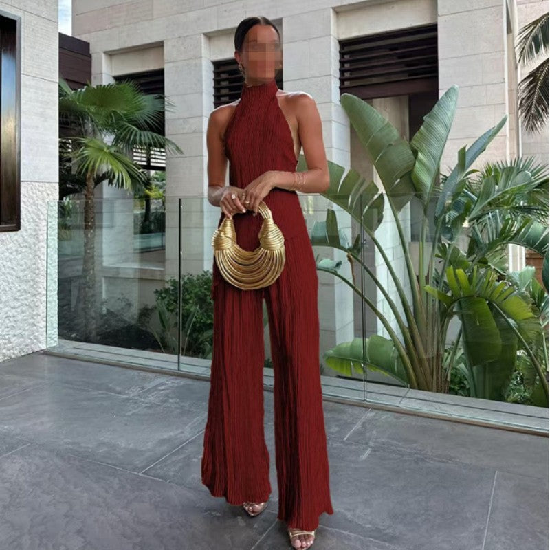 Women's Halter Elastic Waist Polyester Fiber Sleeveless Sports Suit