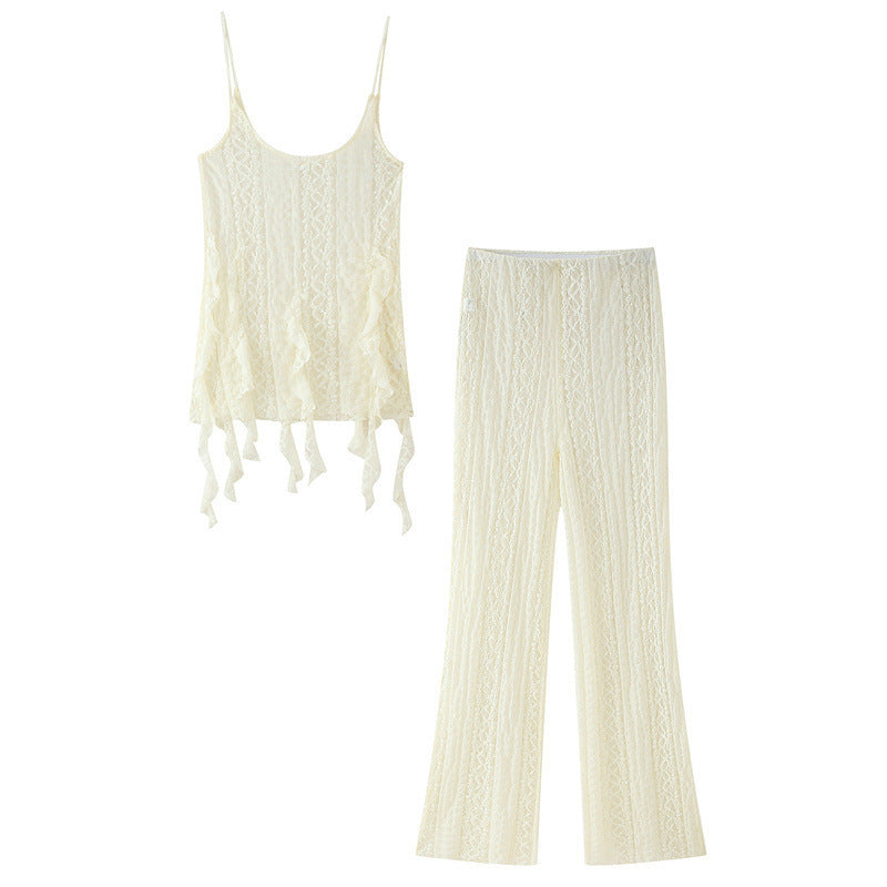 Top And Trousers Two-piece Set With Pointed Lace At Hem
